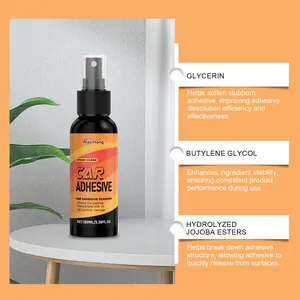 Detail showing ingredients of Rayhong car adhesive cleaner and 100ml spray bottle