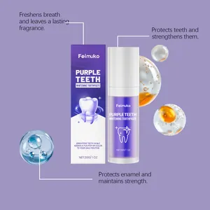 Dentifrice blanchissant violet Feimuko montrant les avantages et le flacon