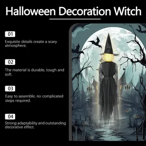 Detailed feature list for glowing Halloween witch decoration in spooky atmosphere