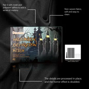 Detail of Halloween witch decoration fabric and accessories kit components.