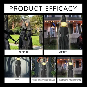 Detail showing glowing Halloween witch ornaments in various outdoor scenarios
