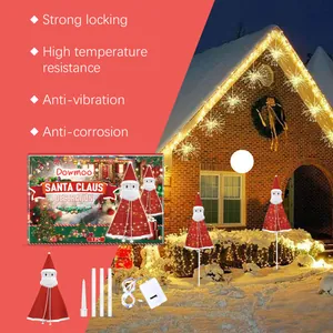 Detailed view of Santa Claus garden decorations featuring LED string lights and battery box