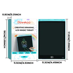 Detailansicht des blauen LCD-Schreibtabletts für Kinder mit Produkt- und Packungsmaßen