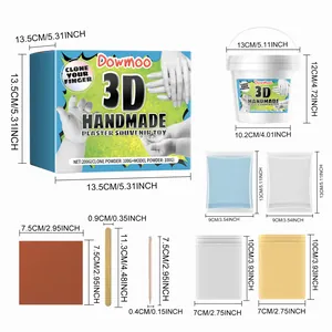 Detailed dimensions of 3D handmade plaster souvenir kit components and packaging