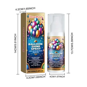 Gedetailleerd overzicht van DOWMOO 100ml ballon glansspray met fles en afmetingen