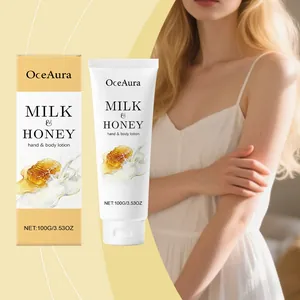 Loción corporal OceAura de leche y miel en tubo y caja con modelo para hidratar la piel