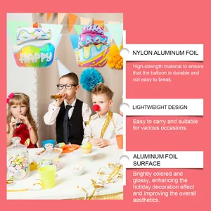 Características detalladas de globos de papel de aluminio con forma de pastel para fiestas.