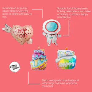 Vista detallada de varios globos de aluminio con formas de astronauta, corazón y tarta