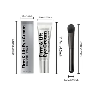 Detailed dimensions for firming eye cream set including tube, silver box, and soft brush