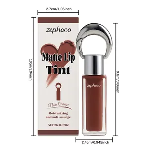 Zephoco Nude Orange Matte Lip Tint Detailansicht mit Flaschen- und Boxabmessungen