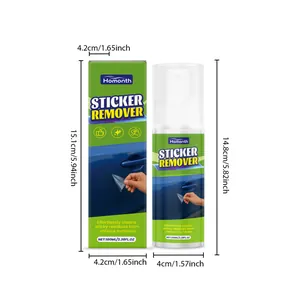 Detailed size chart for 100ml sticker remover spray and packaging box dimensions.