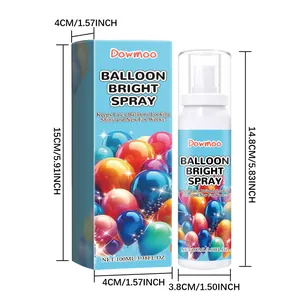 Dimensiones detalladas del spray brillante para globos Dowmoo, frasco de 100 ml y caja
