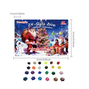 Detail view showing 24 unique polyhedral dice and the Christmas advent calendar box