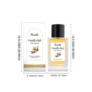 Detail view showing dimensions of Roxelis Vanilla Pods Light Perfume 50ml bottle and box.