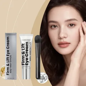Hydrating firming eye cream with application brush and packaging box shown with model