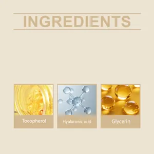 Detail view showing key ingredients: Tocopherol, Hyaluronic acid, and Glycerin