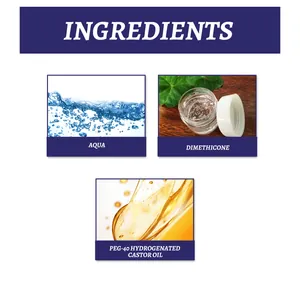 Visual detail of product ingredients including Aqua, Dimethicone, and Hydrogenated Castor Oil.