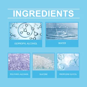 Lista de ingredientes del spray de brillo para globos con silicona, agua y alcohol.
