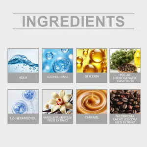 Natural ingredients overview for vanilla perfume including cocoa and caramel.