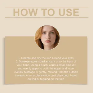 Step-by-step usage guide for moisturizing eye cream with a female model portrait
