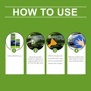 Detailed four-step instructional guide showing how to use the sticker remover spray