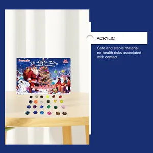 Detail of acrylic Christmas advent calendar with 24 colorful polyhedral dice