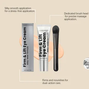 Professional detail view of firm and lift eye cream tube with massage brush head