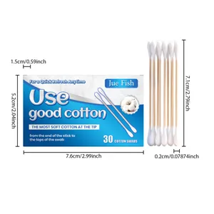Detailed dimensions of 30-count double-tipped cotton swabs with wood sticks and soft tips