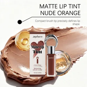Detailansicht von Zephoco Nude Orange mattem Lippenstift mit Creme-Swatch und Flasche