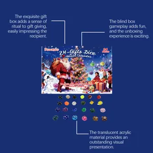 Detailed view of the 24-day Christmas advent calendar dice set featuring a festive gift box.