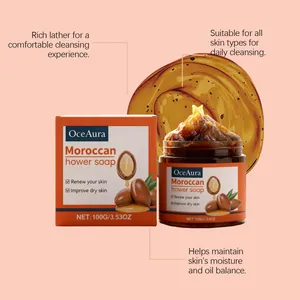 Vue détaillée de la pâte de savon douche marocain OceAura avec texture et emballage