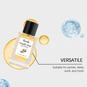 Macro view of Roxelis Vanilla Pods light perfume spray with aromatic liquid drops.