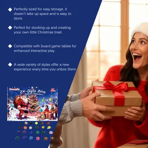 Festive Christmas advent calendar featuring 24 unique polyhedral dice in a gift-giving scene.