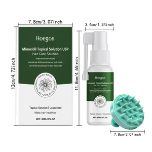 Detailed view of Hoegoa Minoxidil hair spray with dimensions and scalp massager