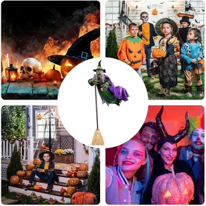 Accesorio de bruja de Halloween animado con túnica morada y verde con una escoba.
