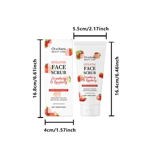 Detailed size specifications for OceAura strawberry and raspberry exfoliating face scrub set