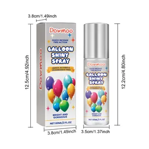 Detail view of Dowmoo balloon shiny spray showing exact dimensions for bottle and box
