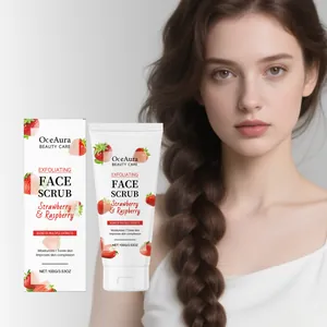 Showcase of OceAura strawberry face scrub packaging and tube next to a female model.
