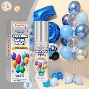 Dowmoo shiny spray for latex balloons presented in a decorative blue and silver setting
