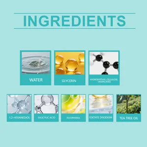 Lista de ingredientes que incluye aceite de árbol de té y ácido salicílico facial