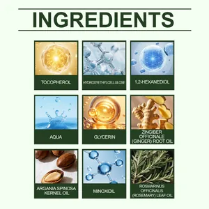 Educational chart of hair spray ingredients like Minoxidil, Ginger, and Argan oil.