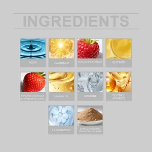 Detail view of OCEAURA facial scrub ingredients including strawberry and pecan shell powder