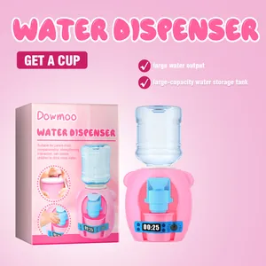 Detailed view of pink Dowmoo kids mini water dispenser toy set with retail packaging