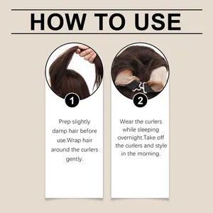 Instructional guide showing how to use hair curlers on damp hair for overnight styling