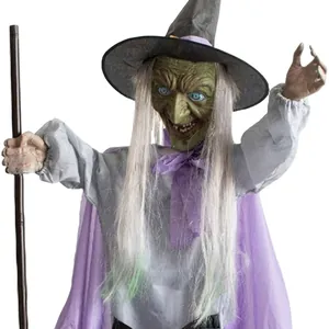 Decoración animada de bruja de Halloween con capa morada y sombrero puntiagudo