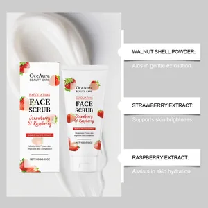 Detail view of strawberry and raspberry exfoliating face scrub ingredients and texture