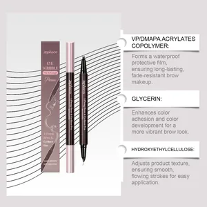 Dettaglio della penna 2-in-1 per sopracciglia ed eyeliner con ingredienti a lunga durata.