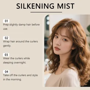 Step-by-step guide for using silkening mist and curlers on a model with natural wavy hair.