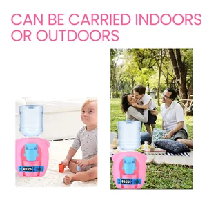 Mini pink water dispenser toy shown in both indoor living room and outdoor park scenes
