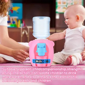 Pink mini water dispenser toy for kids shown in a parent-child interactive play scene